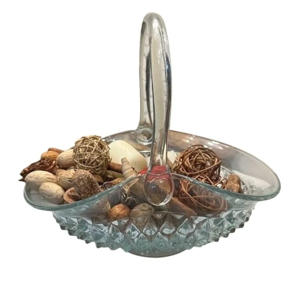 Vintage Large Indiana Glass‎ Tiara Clear Diamond Point Glass Basket w Potpourri
